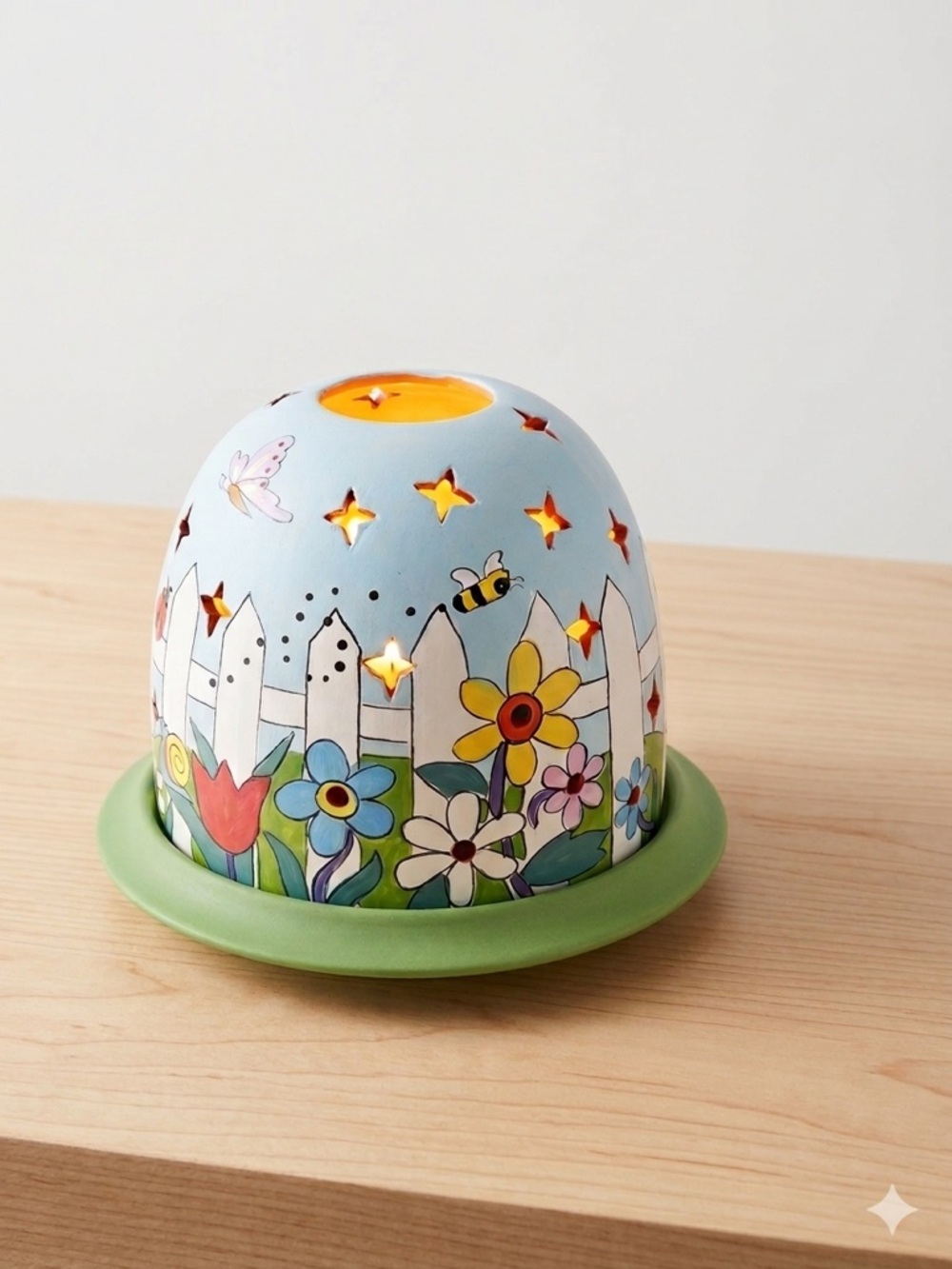 Vibrant Ceramic Candle Luminary Jar Shade & Base Set Garden Fence Bee Butterfly